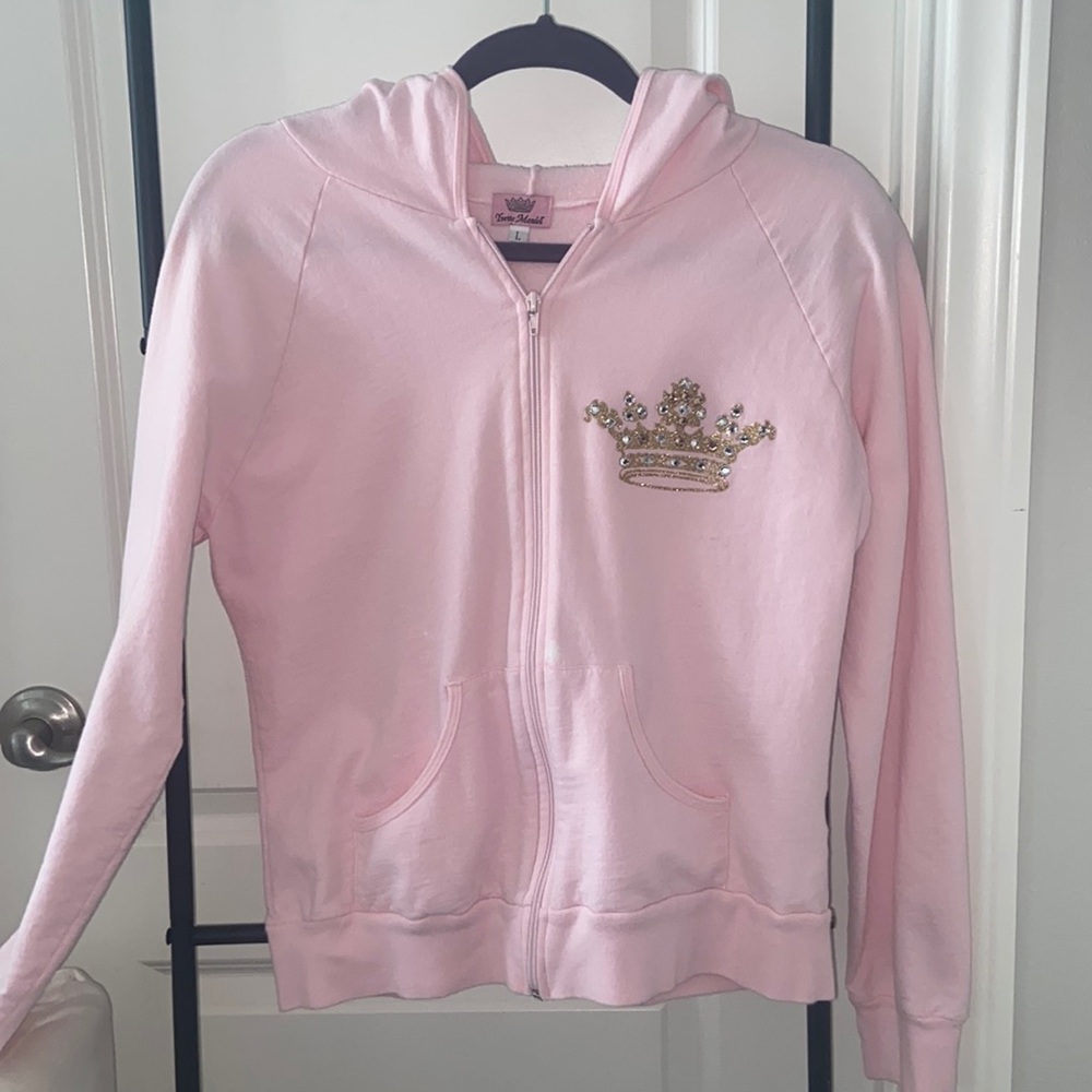 Yvette Mandell Vintage Soft Pink Track Suit Jacket - Sz L - Sparkly Crown Emblem